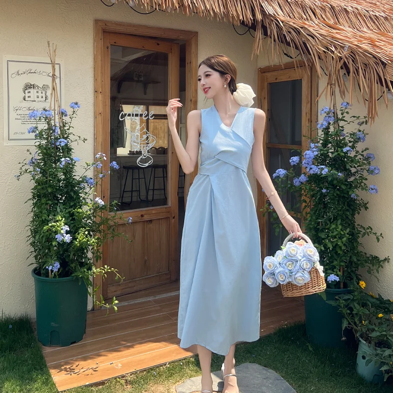 한국 패션 우아한 단색 여성용 V넥 크로스 타이 튜닉 고급 드레스 여름 캐주얼 휴가 베스트 롱 드레스