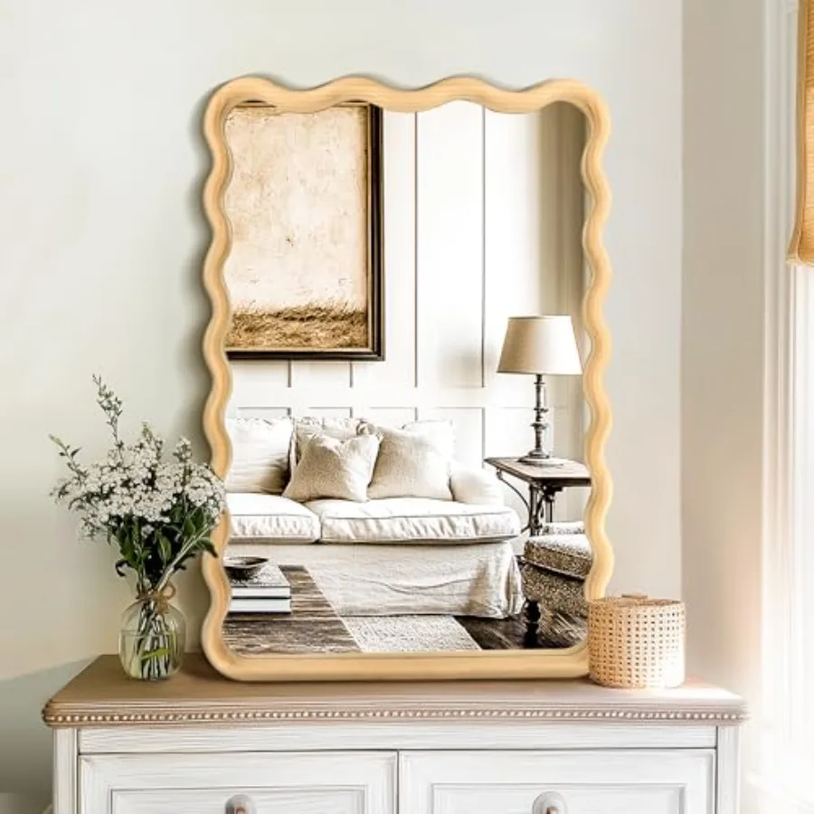 

Bathroom Mirror for Wall 20"x30" Boho Wavy Wood Mirror Large Full Length Decorative Mirror with Tempered Glass Wooden Frme Vnit