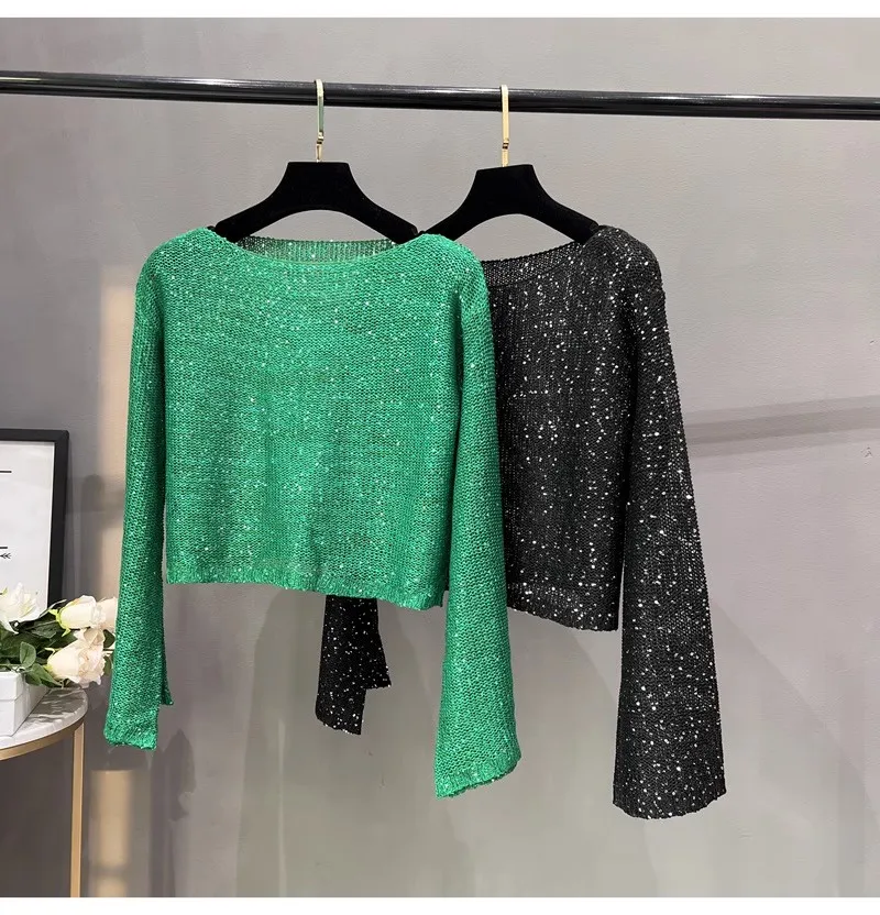 

2024 spring/summer new one-line collar sequin sweater flared sleeve hollow sun breathable sexy short thin top