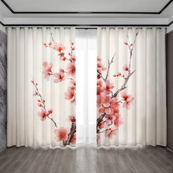 2PC Home Decoration Curtains With Plum Blossom And Peach Blossom Flower Background And Rod Bag Curtains, Suitable For Kitchen