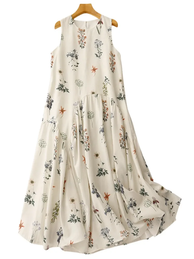 เสื้อกั๊กลายดอกไม้สไตล์เรโทร ดีไซน์ใหม่สำหรับฤดูร้อน กระโปรงมิดิลายดอกไม้ผ้าฝ้ายผสม