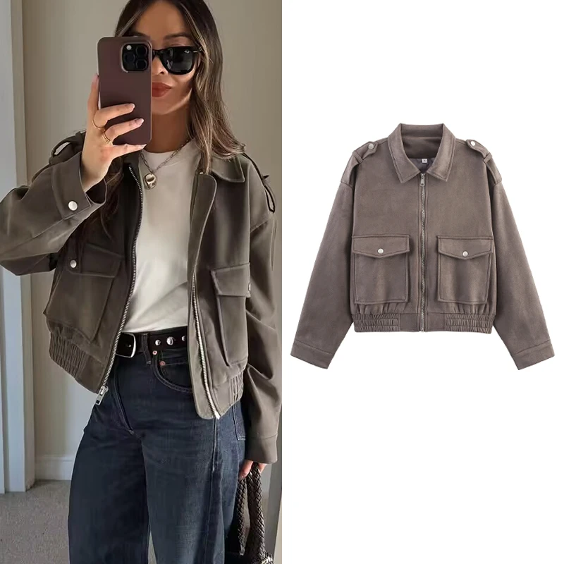 

TFMLN новая осенняя женская замшевая куртка с карманами, пальто 2025 года, повседневное пальто с длинными рукавами на молнии, шикарная женская верхняя одежда-бомбер