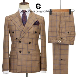 Cenne Des Graoom-Costumes à carreaux marron pour hommes, ensemble 2 pièces, veste blazer croisée, pantalon, fête de mariage, réunion, bureau, nouveau, 2023