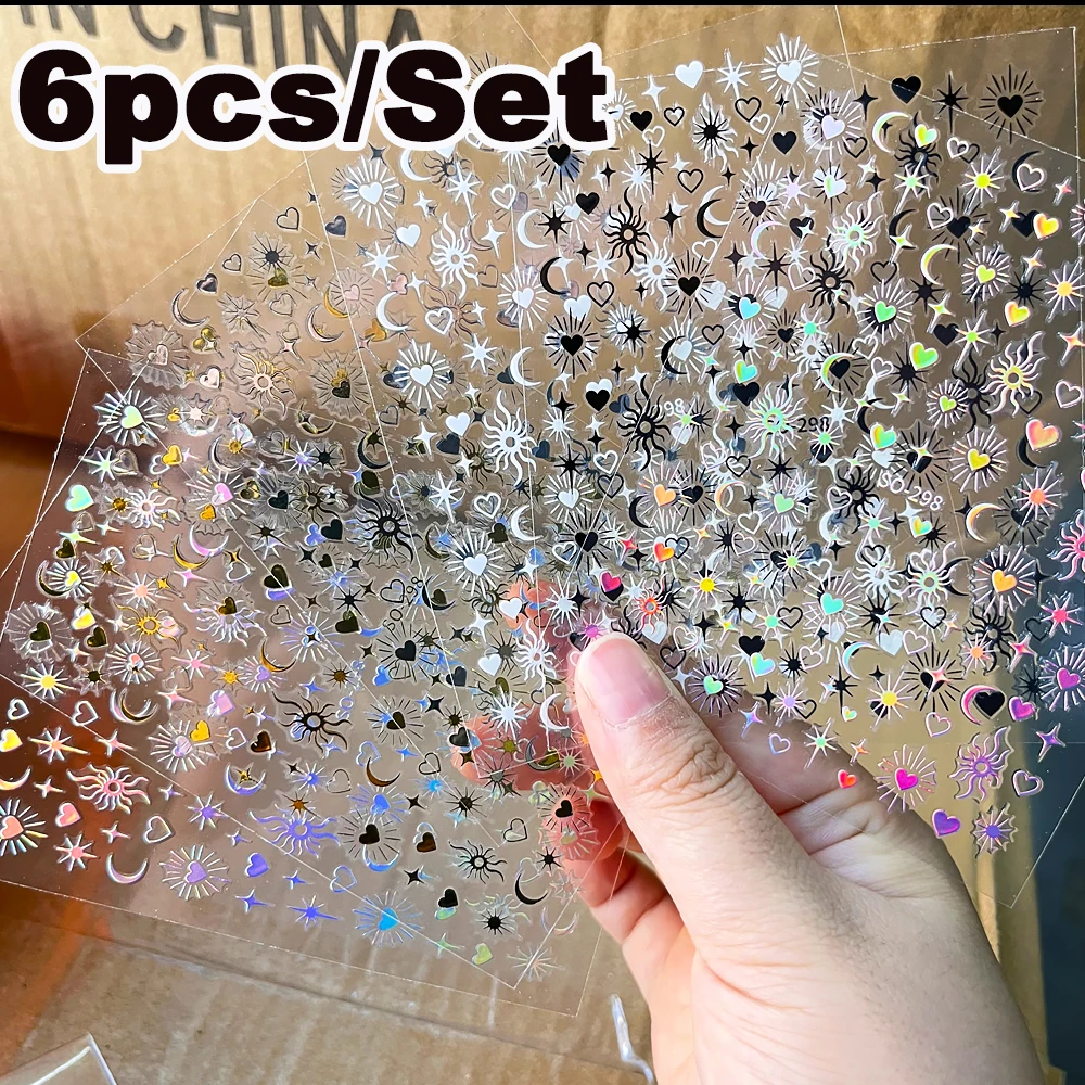 

6 шт./компл. наклейки для ногтей ко Дню святого Валентина 3D лазерное сердце Луна Солнце звездный свет дизайн наклейки для ногтей романтическая Аврора любовь наклейки для ногтей