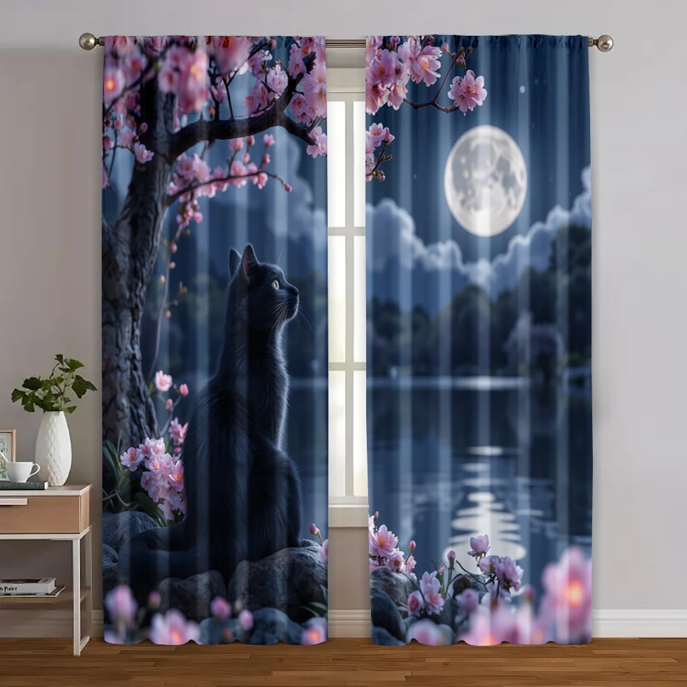 2pcs, Curtains Cherry Blossom Black Cat Machine Washable Polyester (without rod) Thermal Insulation, and Room Darkening