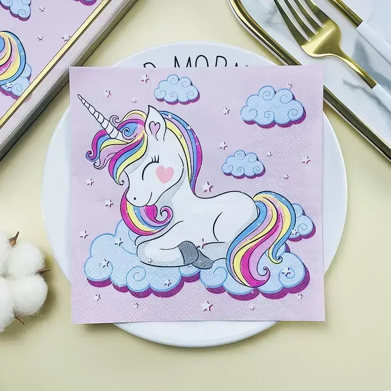 Food Grade Printed Napkins Birthday Party Hotel Baby Shower Paper Blue Rainbow Horse Unicorn Cartoon Coloured Paper Towels