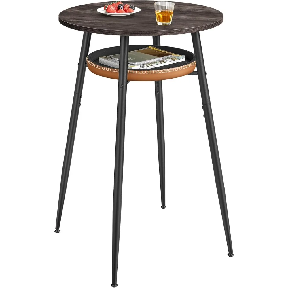 

Bar Table with Storage, Round High Pub Table, Synthetic Leather with Stitching, Mid-Century Modern, Kitchen Home Bar