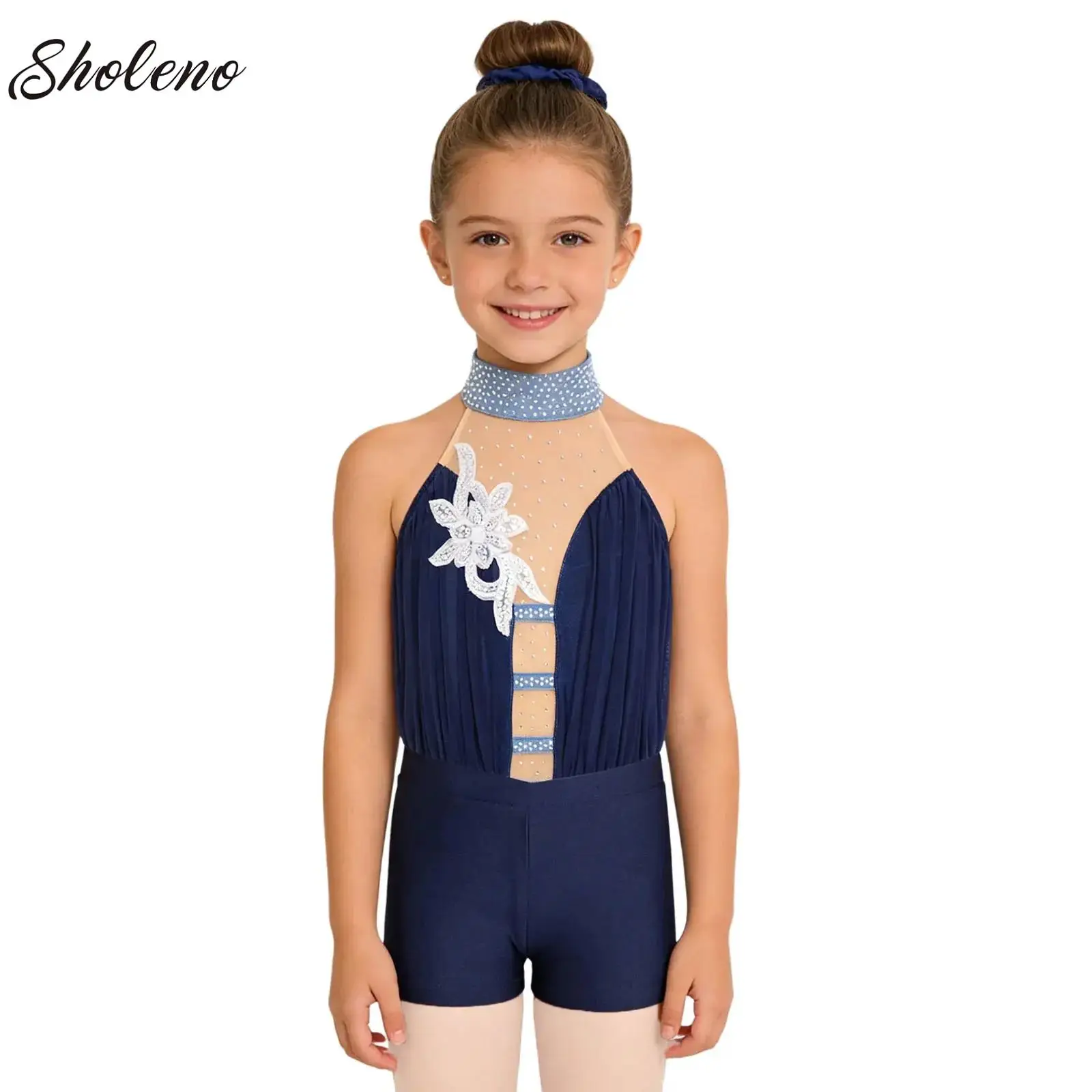 

Girls Figure Skating Gymnastics Leotard Ballet Jersey Costumes Applique Rhinestone Bodysuit Shorts Hair Band Yoga Workout Suit