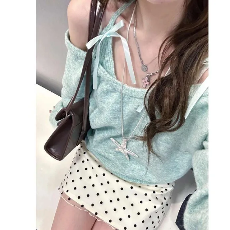 

Green Off Shoulder Long Sleeve Knitted Pullover+ Fashion Slim Fit Halter Camisole Vest for Women 2025 New Two Piece Sets