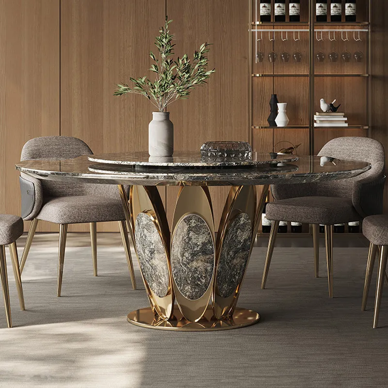 Pure natural marble dining platinum diamond luxury stone round table light luxury high-end dining table chairs