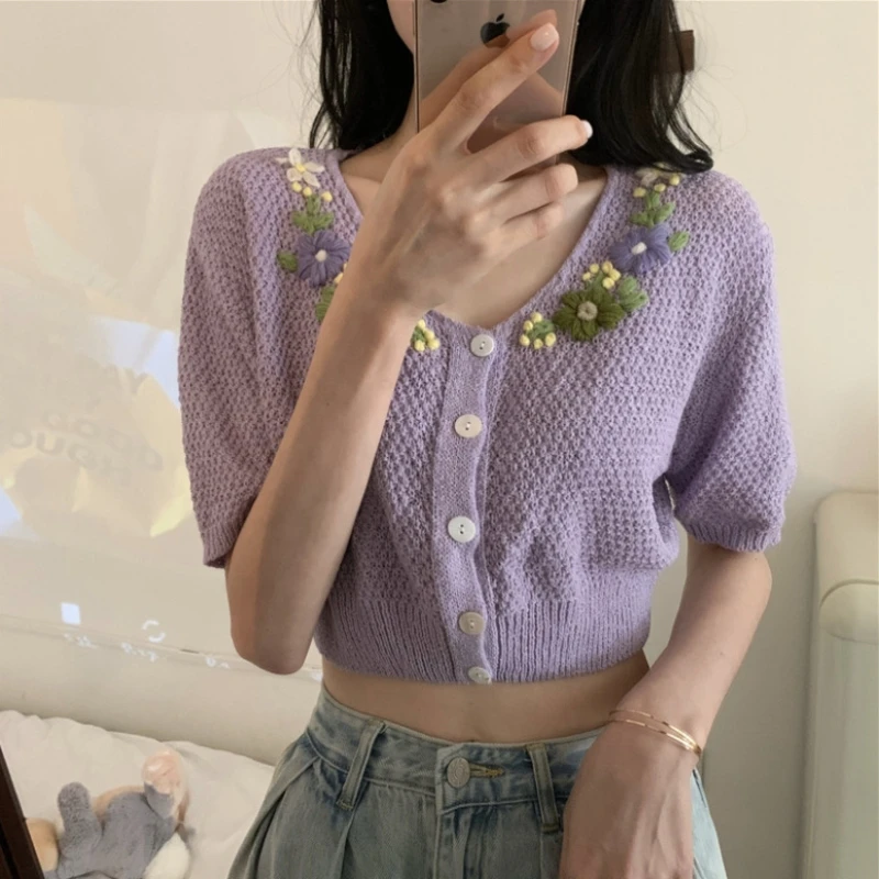 New Korean Style Cropped Sweater Women Vintage Oversize Knit Tie Fllowers Female Spring Summer Short Sleeve V-neck Cardigan Tops