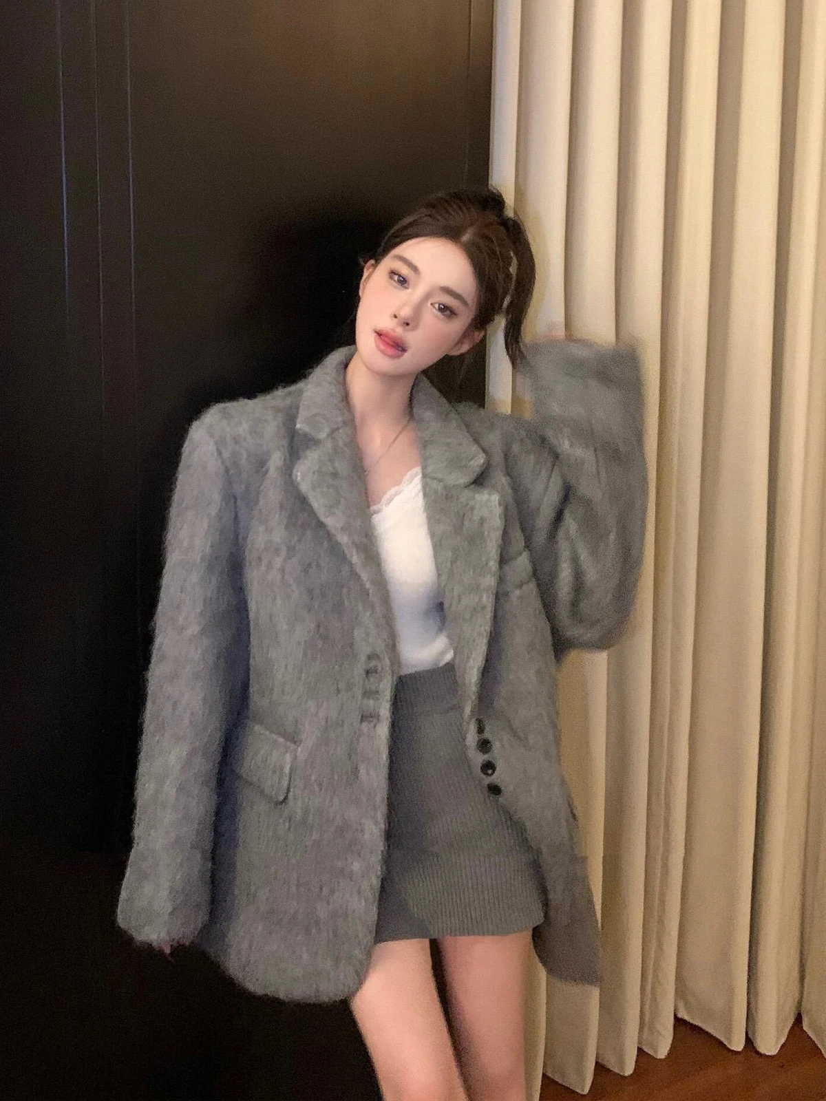 

Женский приталенный крой с лацканами и поясом, новая зимняя корейская версия, свободный крой, длинный свеч на пуговицах E12679