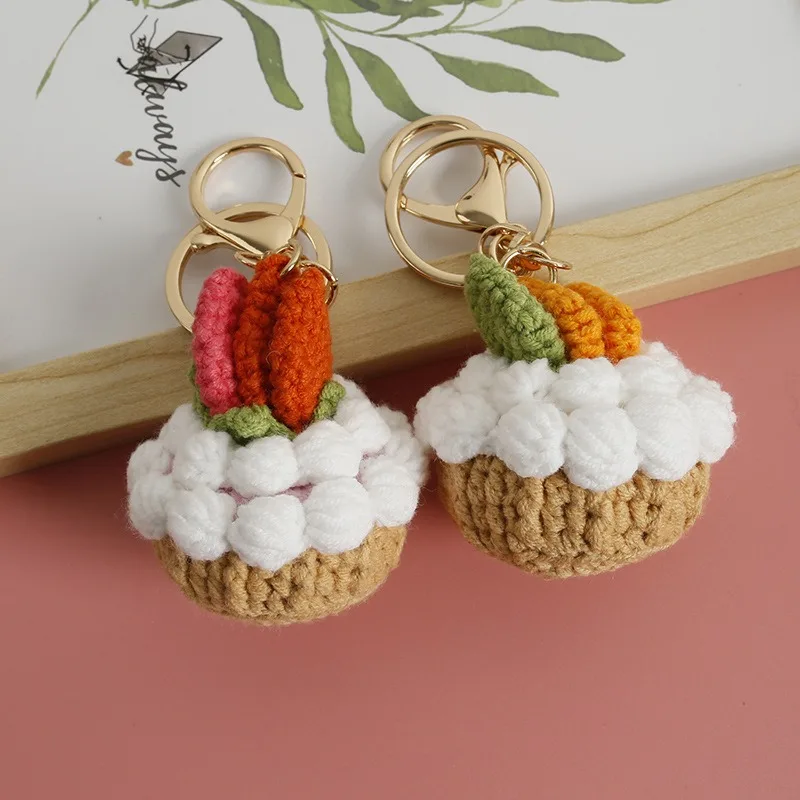 Hand Knitting Amigurumi Crochet Mini Stuffed Doll Keychains Handmade Mini Crochet Heart shaped fruit cream keychain Gift