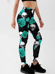 Fashion Women Flower Skull Printed Leggings For Fitness High Waist Gym Legging Push Up Workout Women Green Printed Leggings