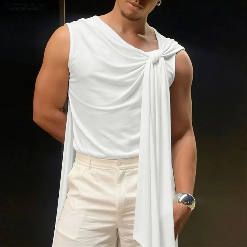 INCERUN Men Tank Tops Solid Color Sleeveless Pleated Casual Male Vests Summer Streetwear 2026 Fashion Men Clothes Irregular Tops