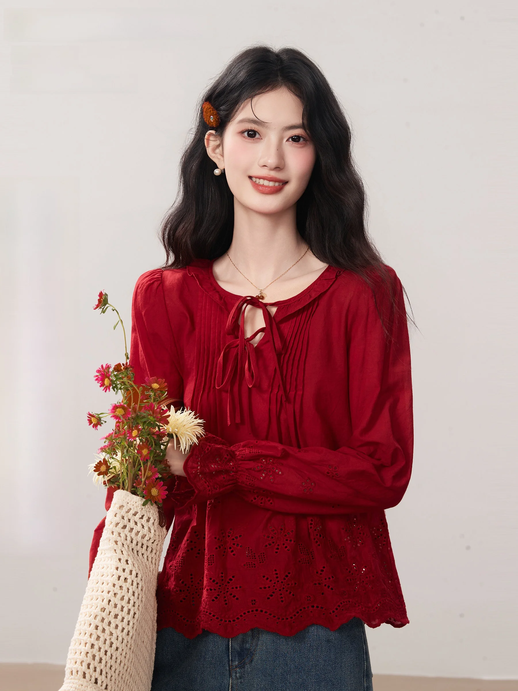 

Красная винтажная женская свободная блузка с длинным рукавом, вышивкой Линцзю, из чистого хлопка, осенне-зимняя, повседневная, новинка