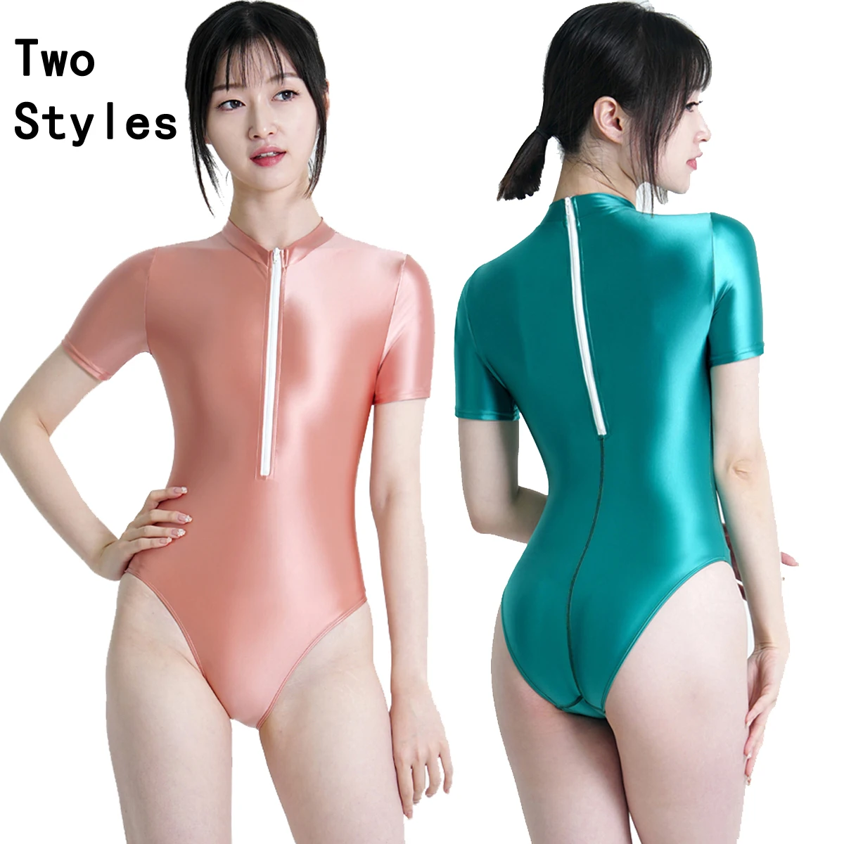 

MJINM Women Sexy Satin Glossy Silky Smooth Swimwear Stretch High Cut Short Sleeve Swimsuit Tights Leotards Bodysuit Bathing Suit