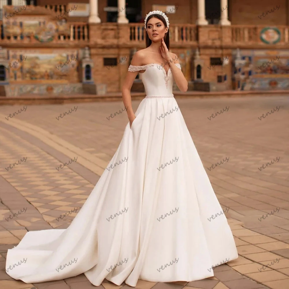 

Elegant Wedding Dresses A-Line Satin Bridal Gowns Sequin Appliques Off The Shoulder Robes Floor Length Vestidos De Novia 2024