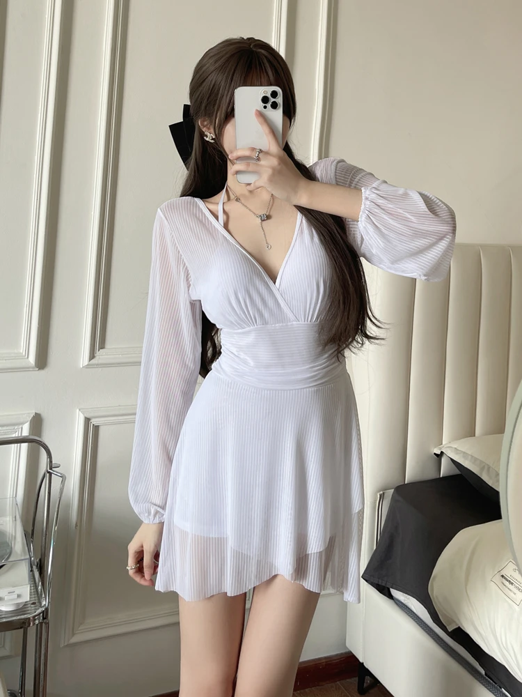 plus Size Women's One-Piece Swimsuit Skirt Sle Long Sve Thermal Spa Swimwear Conservative Belly Cover Slimming Korean INS