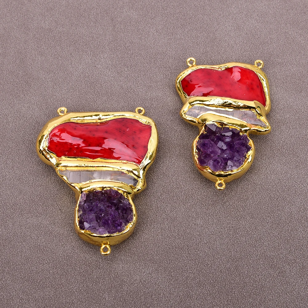 

APDGG 2 Pcs Big Natural Red Coral Purple Amethyst Yellow Quartz Rough Nugget Gold Plated Connector Necklace Pendant Jewelry DIY
