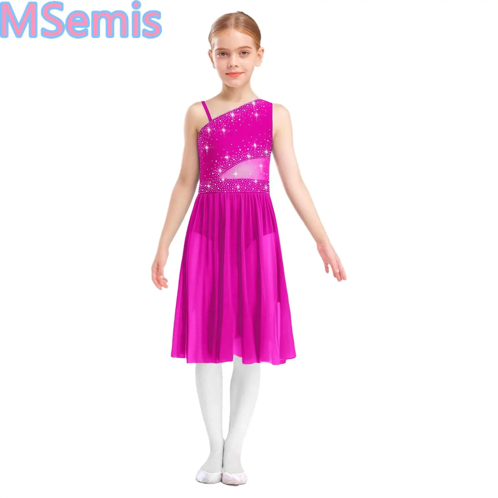 

Kids Girls Shiny Rhinestone Lyrical Dance Dress Figure Skating Costume One Shoulder Sleeveless Sheer Mesh Gymnastic Ballet Dress