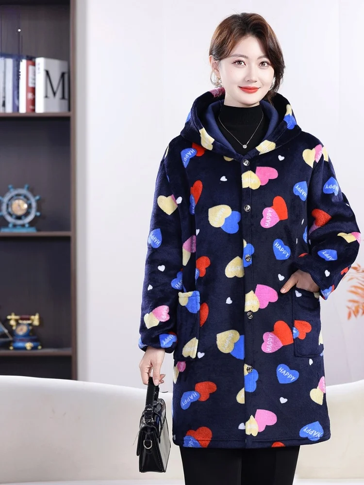 

plus Size Flannel Hooded Jacket for Middle-Aged And Elderly Women Autumn Winter Clothes Dirt-Resistant Coat Outerwear