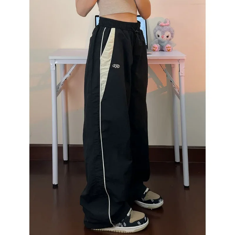 

Street Hip Hop Trendy Women Black Casual Sweatpants Spring Summer New Elastic Waist Straight Loose Thin Fashion Sports Trousers