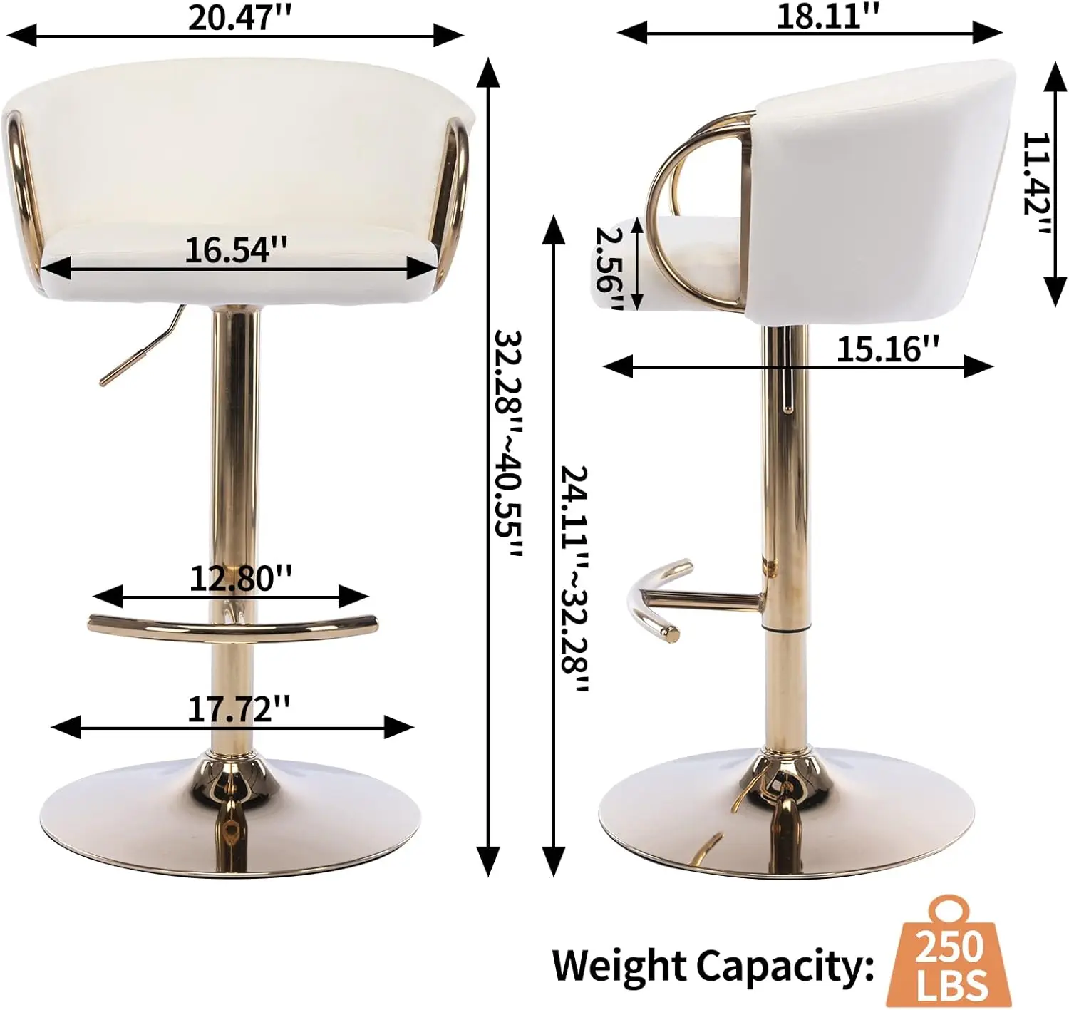 Ensemble de 4 tabourets de bar modernes réglables, avec accoudoirs dorés, en velours