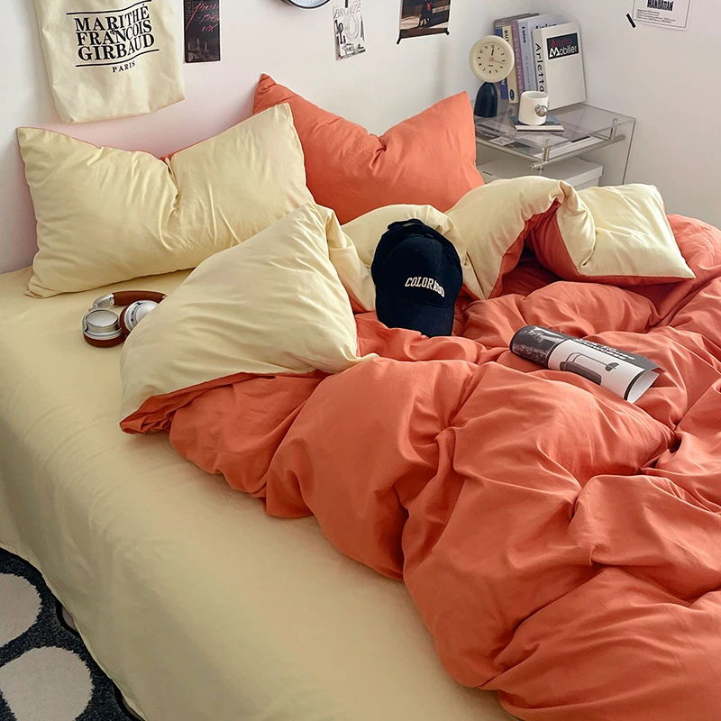 2025 حار جديد مجموعة لحاف الطازجة بلون مزدوج غسل القطن أربع قطع مجموعة الجلد ودية تنفس الربيع/الصيف الفراش #3