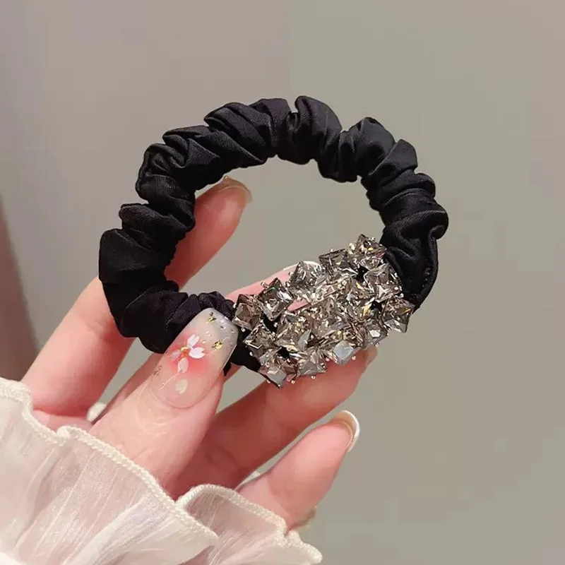 

Luxurious Elegant Women Crystal Hair Bands Ponytail Rubber Band Hair Rope Tie Temperament Black Hair Accessories Durability