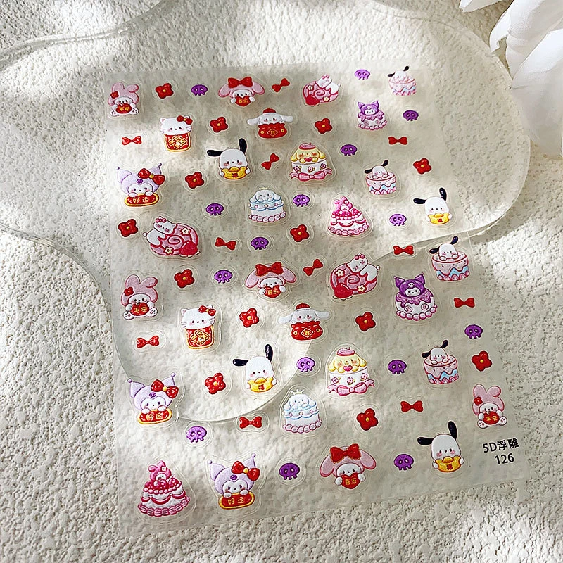 2025 New Year Sanrio Hello Kitty Nail Stickers 3D Cartoon Kuromi Melody Purin Relief Sculpture Nail Decals Manicure Nail Decor