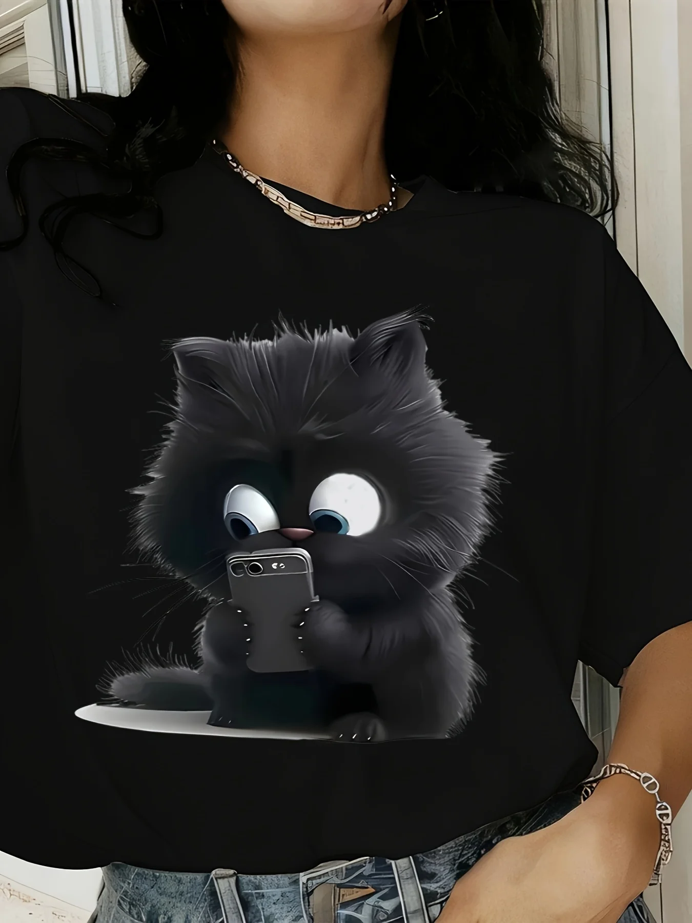 Camiseta estampada pura de manga curta com padrão de "gato dos desenhos animados avatar" um top feminino adequado