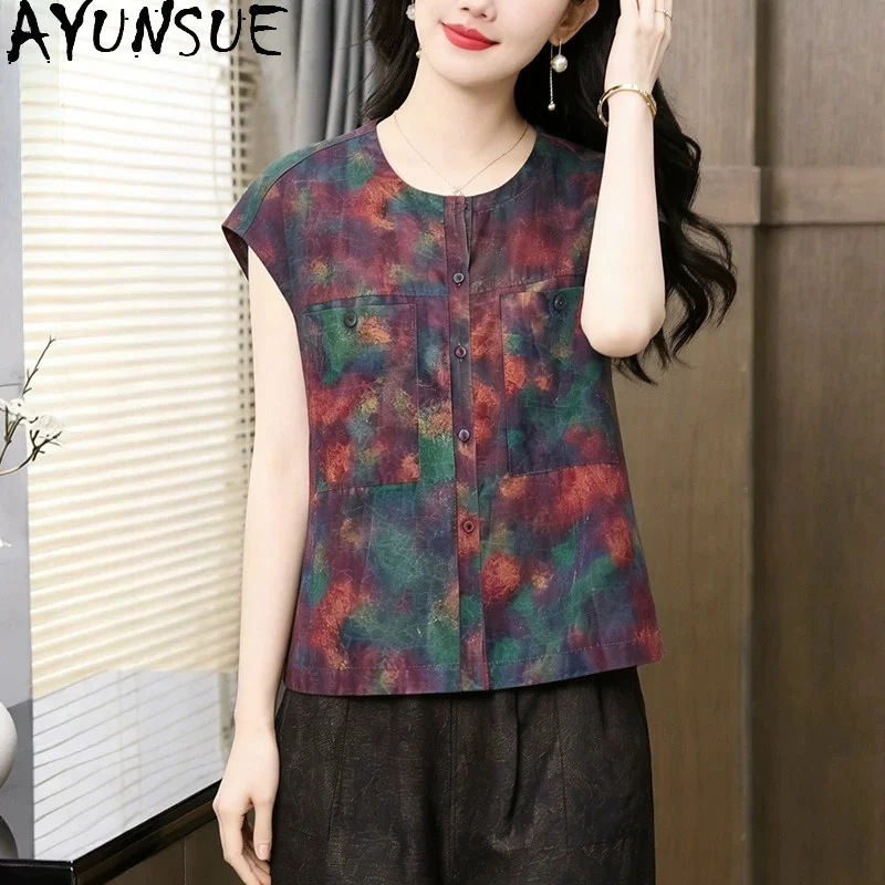 AYUNSUE 100% Real Mulberry Silk Blouse Women Xiangyunsha Shirts for Women Autumn Vintage Printed Women Clothes 2026 Blusas Mujer