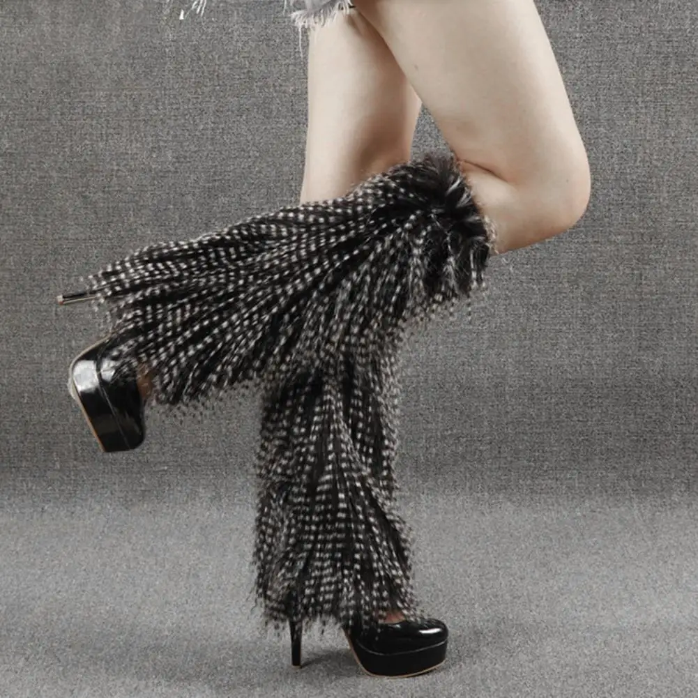 1 Pair Winter Calf Covers Fuzzy Faux Fur Anti-slip Solid Color JK Style Elastic Thickened Daily Wear Sports Outing Leg Warmers