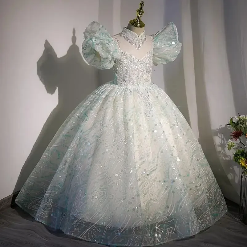 فساتين فتاة الزهور لحفلات زفاف الأميرة الكشكشة فستان حفلات للفتيات لالتقاط الصور الترتر طول الأرض فساتين التواصل الأول للأطفال
