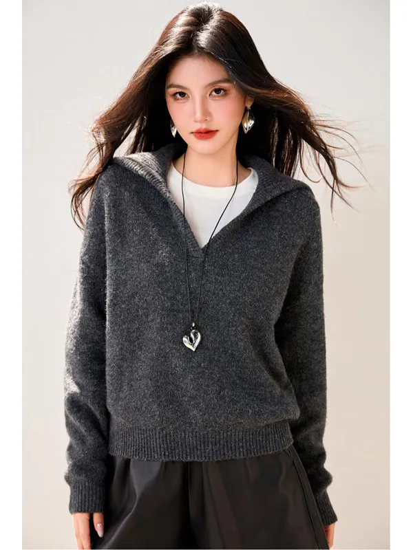 

Deep ey Casual Sle Loose Fit Knitted Hoodie Women's Autumn Winter V-Ne f Open Loose Knitted Top for Lazy Sle