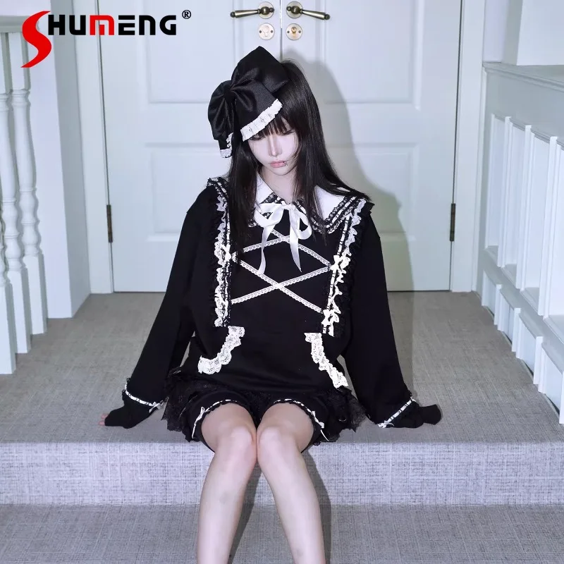 

Pink Color Sweet Cute Design Long-sleeves Loose Hoodies Detachable Navy Collar Sweatshirt With Bow And Lace Trim Leggings Female