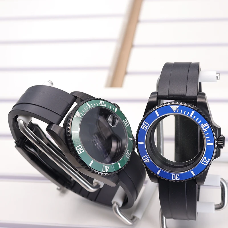 40mm Black Men Watch Cases Rubber Strap For Seiko Nh35/34/36/38 Miyota 8215 Eta 2824 Movement 28.5mm Dial Submariner Hot styles