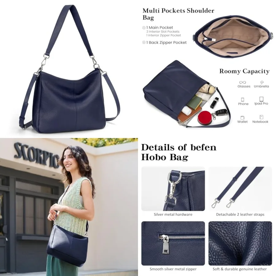 befen Genuine Leather Hobo Bags Purses for Women, Women's Shoulder bag Handbags Crossbody Bag with 2 Shoulder Straps