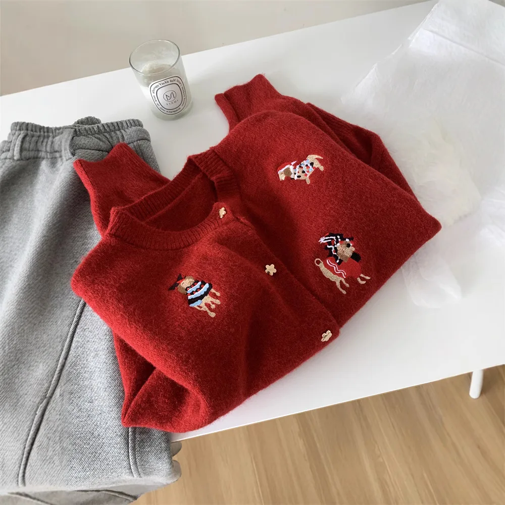 

Embroidered Red Dog Knitted Cardigan Women's Button Sweater Coat Winter