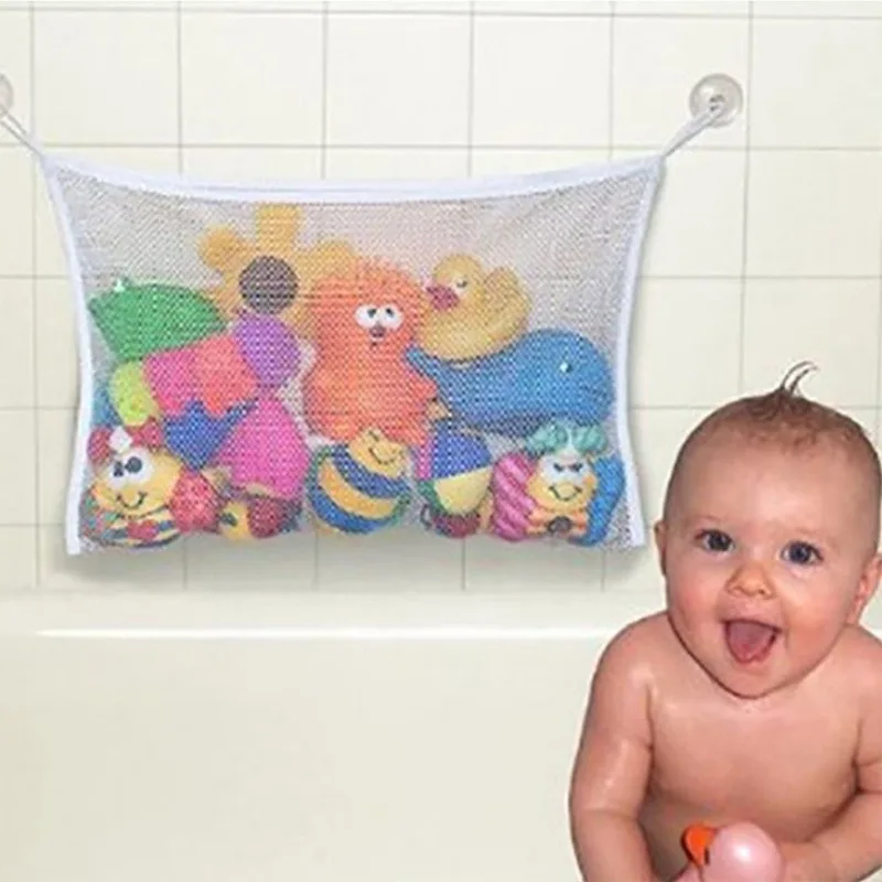 Rede de brinquedos de banho para crianças, suporte de brinquedo para banheira, bolsa de malha de canto, organizador de armazenamento de banheira de bebê, chuveiro de criança com 2 ganchos de parede adesivos