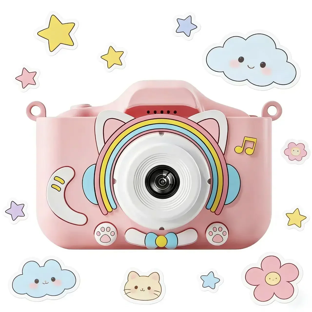 Blue/Pink Space Cat Kids Camera Autofocus 1080p HD Front &amp; Rear Dual Lenses Food-Grade Silicone Case Safe for Direct Contact