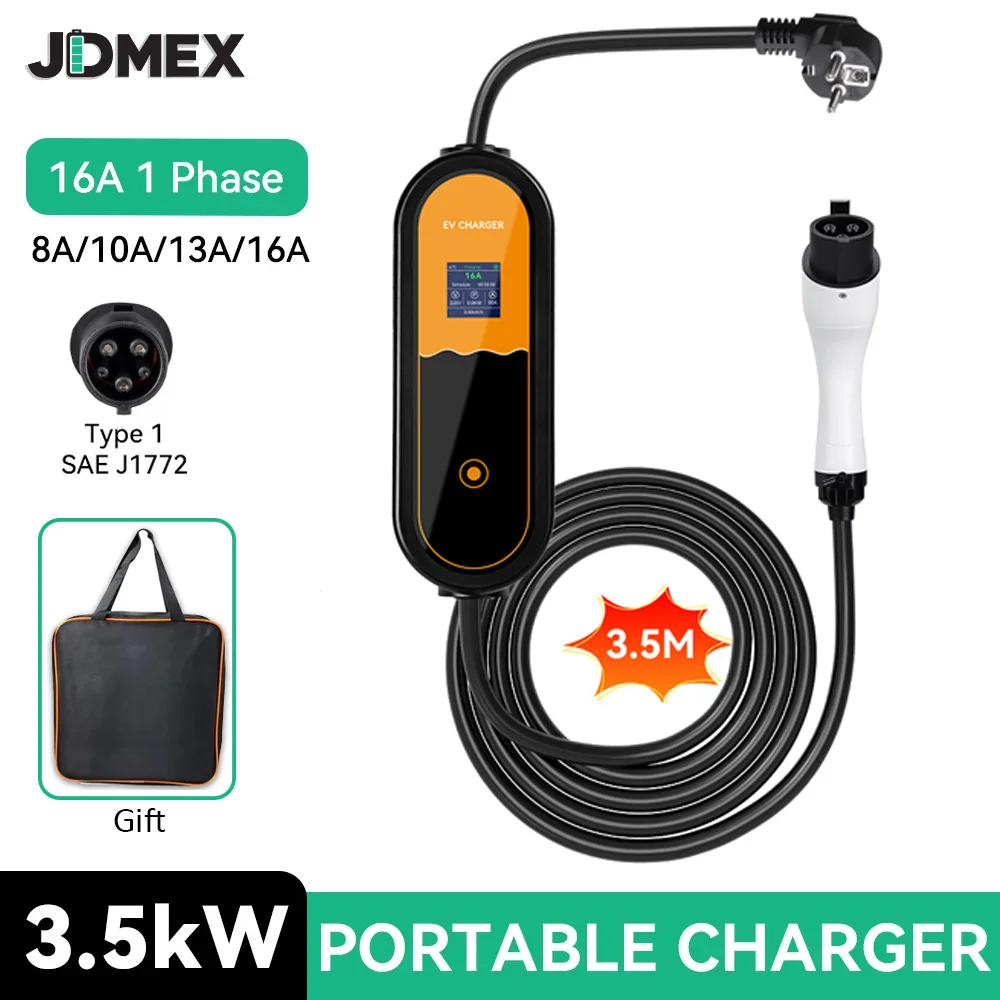

Портативное зарядное устройство JDMEX 3.5 кВт для электромобилей, Тип 1, 16А, быстрая зарядка, SAE J1772 EVSE, настенная зарядная станция, 3.5 м, для электромобилей