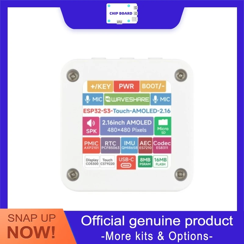 

Плата Waveshare ESP32-S3, 2,16-дюймовый AMOLED-экран 480×480, два микрофона, Wi-Fi 2,4 ГГц, подключение BLE 5