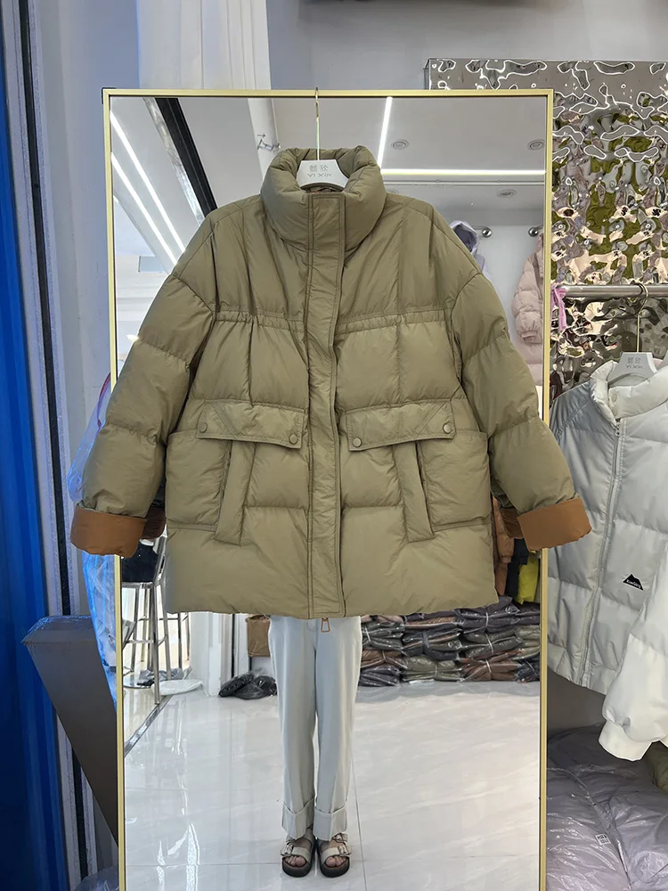 New down jacket women Korean version stand up collar thickened mid length warm loose color blocked white duck down coat