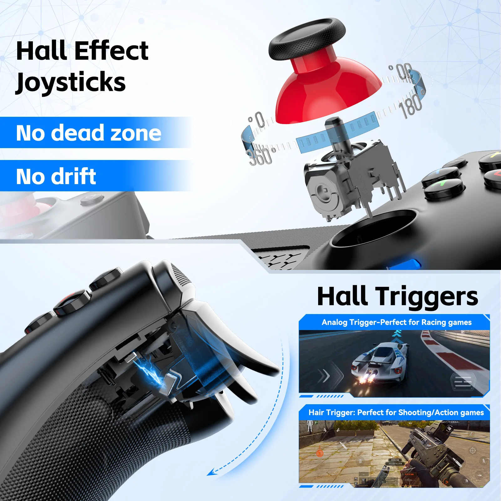 Gamwing AB02 Gamepad وحدة تحكم ألعاب لاسلكية تعمل بالبلوتوث لأجهزة Android IOS PC Switch Universal Hall Rocker Linear Hall Trigger