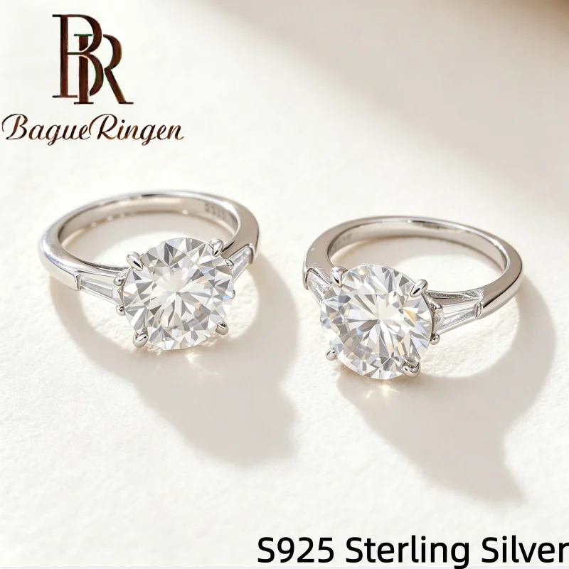 BR 5CT VVS Round Cut Moissanite Ring Tapered Baguette Side Stones 925 Silver Solitaire Engagement Ring High Carbon Wedding Band