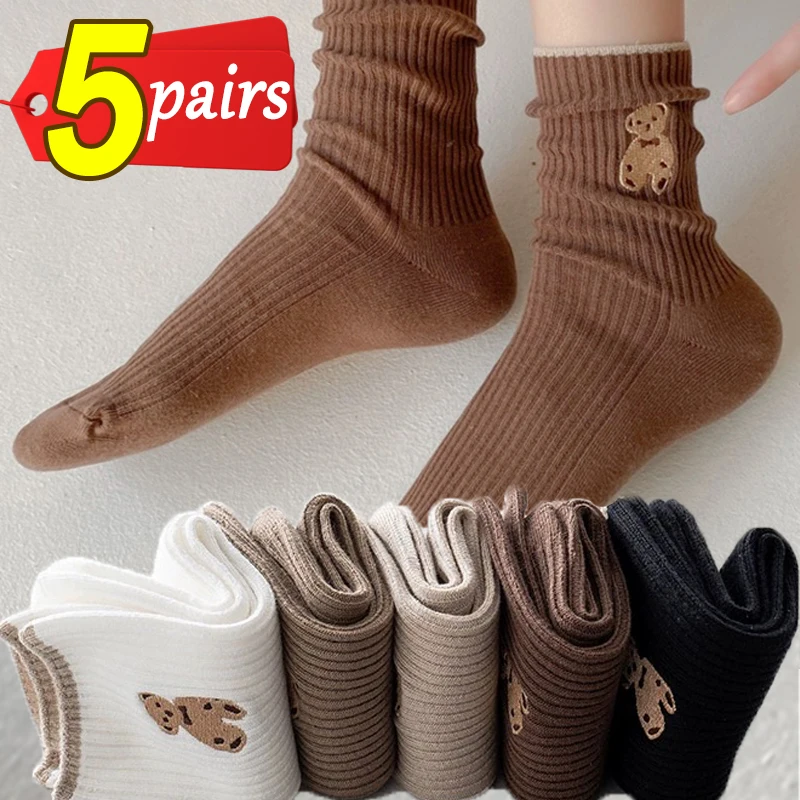1/5 par miś Kawaii nadruk długie skarpetki damskie miękkie wygodne brązowe pończochy słodkie zwierzę Calcetines Mujer Mid-Tube skarpety