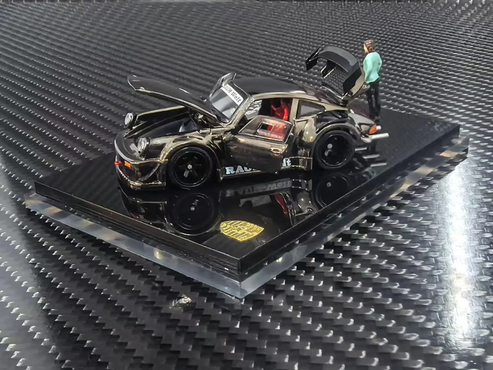 FG Custom Version 1:64 Porsche RWB 930 Chrome Gunmetal Livery Full Openable Alloy Diecast Model Car Collectible Gift