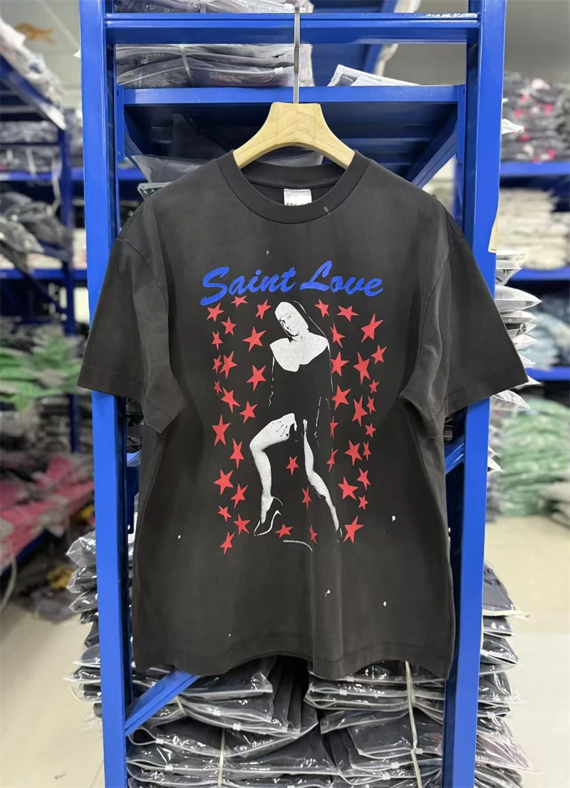SAINT Mx6 FW26 Fashion Washed Vintage Chest Portrait Star Letter Printed Round Neck Inkjet Short Sleeve Street Cotton T-shirt